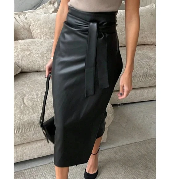 Classic Vegan Leather Belted High waisted Midi Skirt - Picture 1 of 6